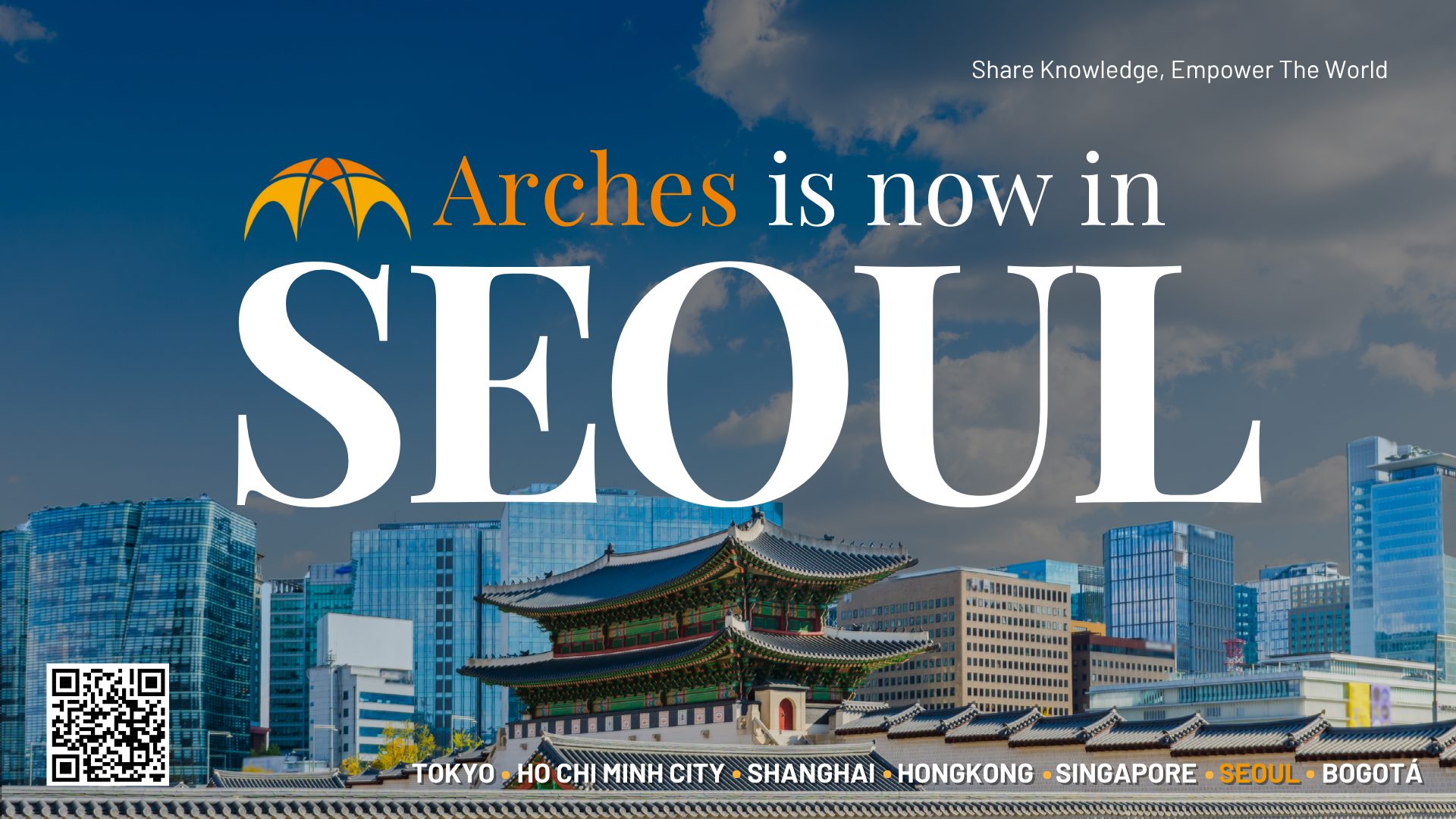Arches announces new office opening in Seoul, South Korea with skyline and Gyeongbokgung Palace in the background